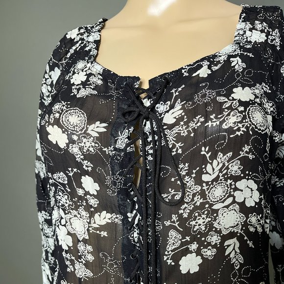 Angie Tunic Black/Flowers Laces up the Front Slits on the Sides/Front Size Small - Picture 2 of 16